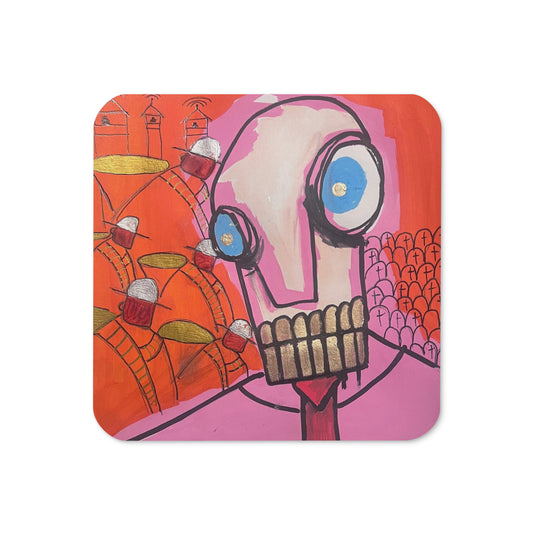 Cork-back coaster with original art from Carlos Nuñez